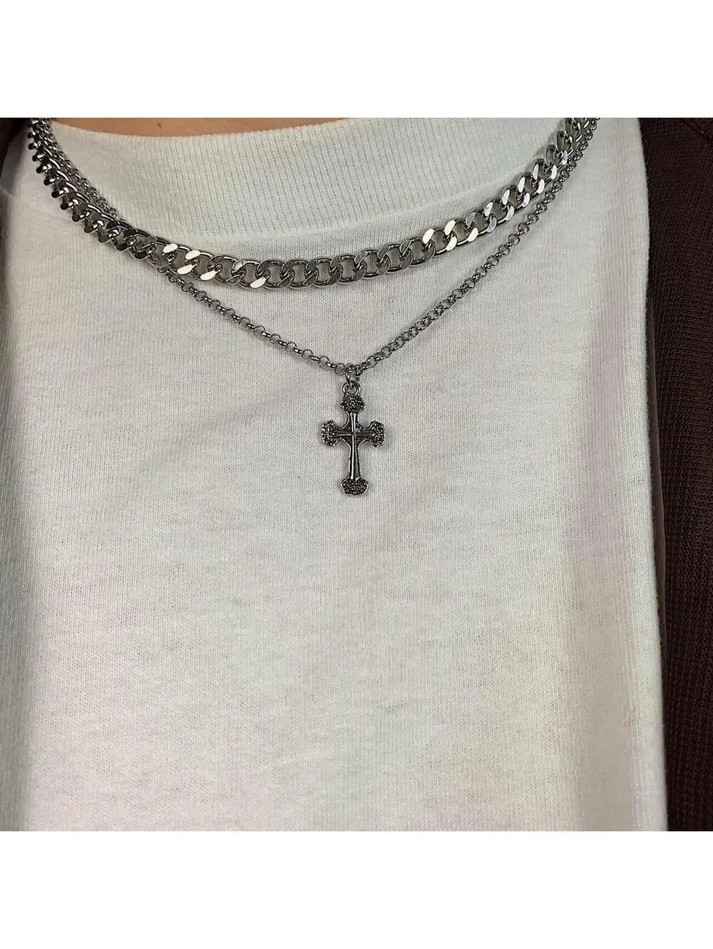 Y2k 2000s style Stainless Steel Double layer silver chrome cross chain grunge